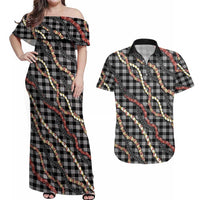 Hawaii Palaka Niihau Shell Lei Couples Matching Off Shoulder Maxi Dress and Hawaiian Shirt Tropical Island Plaid Patterns DT05 Black - Polynesian Pride