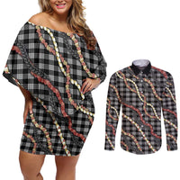 Hawaii Palaka Niihau Shell Lei Couples Matching Off Shoulder Short Dress and Long Sleeve Button Shirt Tropical Island Plaid Patterns