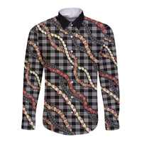 Hawaii Palaka Niihau Shell Lei Long Sleeve Button Shirt Tropical Island Plaid Patterns DT05 Unisex Black - Polynesian Pride