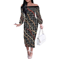 Hawaii Palaka Niihau Shell Lei Off The Shoulder Long Sleeve Dress Tropical Island Plaid Patterns DT05 Women Black - Polynesian Pride