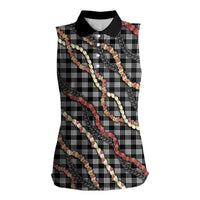 Hawaii Palaka Niihau Shell Lei Women Sleeveless Polo Shirt Tropical Island Plaid Patterns DT05 Female Black - Polynesian Pride
