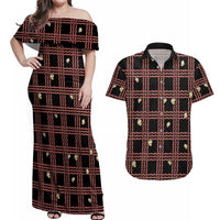 Hawaii Palaka Kahelelani Shell Lei Costume Couples Matching Off Shoulder Maxi Dress and Hawaiian Shirt Plaid Patterns DT05 Black - Polynesian Pride