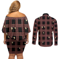 Hawaii Palaka Kahelelani Shell Lei Costume Couples Matching Off Shoulder Short Dress and Long Sleeve Button Shirt Plaid Patterns DT05 - Polynesian Pride