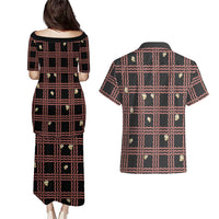 Hawaii Palaka Kahelelani Shell Lei Costume Couples Matching Puletasi and Hawaiian Shirt Plaid Patterns