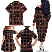 Hawaii Palaka Kahelelani Shell Lei Costume Family Matching Off The Shoulder Long Sleeve Dress and Hawaiian Shirt Plaid Patterns