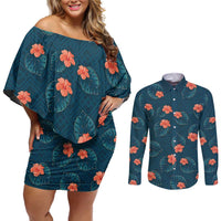 Hawaii Monstera Couples Matching Off Shoulder Short Dress and Long Sleeve Button Shirt Hibiscus Flowers Simple Style - Polynesian Pride