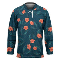 Hawaii Monstera Hockey Jersey Hibiscus Flowers Simple Style DT05 Unisex Dark Teal - Polynesian Pride