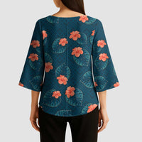Hawaii Monstera Kimono Sleeve Blouse Hibiscus Flowers Simple Style - Polynesian Pride