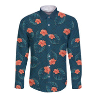 Hawaii Monstera Long Sleeve Button Shirt Hibiscus Flowers Simple Style - Polynesian Pride