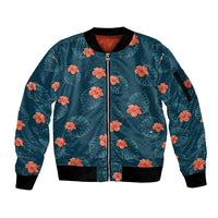 Hawaii Monstera Sleeve Zip Bomber Jacket Hibiscus Flowers Simple Style - Polynesian Pride
