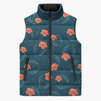 Hawaii Monstera Sleeveless Puffer Jacket Hibiscus Flowers Simple Style - Polynesian Pride