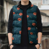 Hawaii Monstera Sleeveless Puffer Jacket Hibiscus Flowers Simple Style - Polynesian Pride