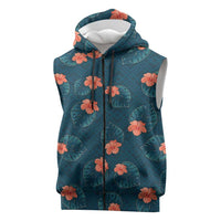 Hawaii Monstera Sleeveless Zip Hoodie Hibiscus Flowers Simple Style DT05 Dark Teal - Polynesian Pride