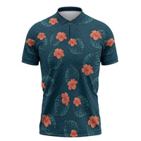 Hawaii Monstera Zipper Polo Shirt Hibiscus Flowers Simple Style DT05 Dark Teal - Polynesian Pride
