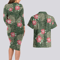 Hawaii Couples Matching Long Sleeve Bodycon Dress and Hawaiian Shirt Green Polynesian Monstera Patterns - Polynesian Pride
