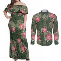 Hawaii Couples Matching Off Shoulder Maxi Dress and Long Sleeve Button Shirt Green Polynesian Monstera Patterns - Polynesian Pride