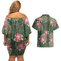 Hawaii Couples Matching Off Shoulder Short Dress and Hawaiian Shirt Green Polynesian Monstera Patterns - Polynesian Pride