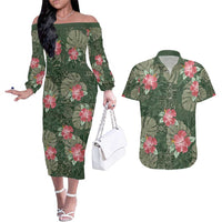 Hawaii Couples Matching Off The Shoulder Long Sleeve Dress and Hawaiian Shirt Green Polynesian Monstera Patterns - Polynesian Pride