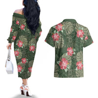 Hawaii Couples Matching Off The Shoulder Long Sleeve Dress and Hawaiian Shirt Green Polynesian Monstera Patterns - Polynesian Pride