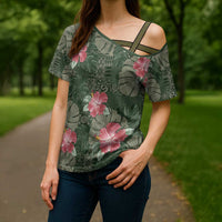 Hawaii Cross Shoulder Shirt Green Polynesian Monstera Patterns DT05 - Polynesian Pride
