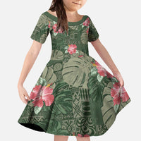 Hawaii Family Matching Off The Shoulder Long Sleeve Dress and Hawaiian Shirt Green Polynesian Monstera Patterns - Polynesian Pride