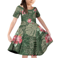 Hawaii Family Matching Off Shoulder Short Dress and Hawaiian Shirt Green Polynesian Monstera Patterns - Polynesian Pride