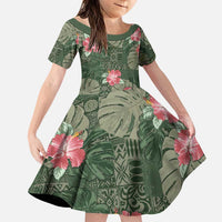 Hawaii Family Matching Puletasi and Hawaiian Shirt Green Polynesian Monstera Patterns DT05 Daughter's Dress Green - Polynesian Pride