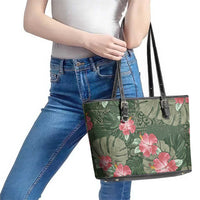 Hawaii Leather Tote Bag Green Polynesian Monstera Patterns DT05 - Polynesian Pride