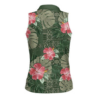 Hawaii Women Sleeveless Polo Shirt Green Polynesian Monstera Patterns - Polynesian Pride