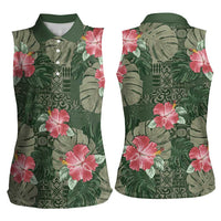 Hawaii Women Sleeveless Polo Shirt Green Polynesian Monstera Patterns - Polynesian Pride