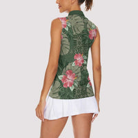 Hawaii Women Sleeveless Polo Shirt Green Polynesian Monstera Patterns - Polynesian Pride