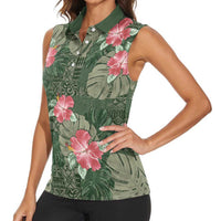 Hawaii Women Sleeveless Polo Shirt Green Polynesian Monstera Patterns - Polynesian Pride