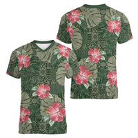 Hawaii Women V-Neck T-Shirt Green Polynesian Monstera Patterns DT05 - Polynesian Pride