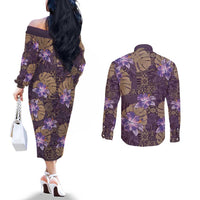 Hawaii Couples Matching Off The Shoulder Long Sleeve Dress and Long Sleeve Button Shirt Purple Polynesian Monstera Patterns - Polynesian Pride