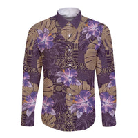 Hawaii Long Sleeve Button Shirt Purple Polynesian Monstera Patterns DT05 Unisex Purple - Polynesian Pride