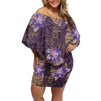 Hawaii Off Shoulder Short Dress Purple Polynesian Monstera Patterns - Polynesian Pride