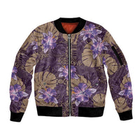 Hawaii Sleeve Zip Bomber Jacket Purple Polynesian Monstera Patterns - Polynesian Pride
