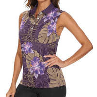 Hawaii Women Sleeveless Polo Shirt Purple Polynesian Monstera Patterns DT05 - Polynesian Pride