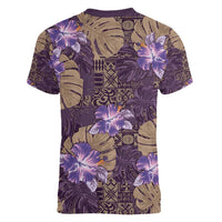 Hawaii Women V-Neck T-Shirt Purple Polynesian Monstera Patterns - Polynesian Pride