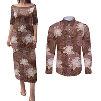 Hawaii Couples Matching Puletasi and Long Sleeve Button Shirt Brown Polynesian Monstera Patterns DT05 Brown - Polynesian Pride