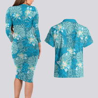 Hawaii Couples Matching Long Sleeve Bodycon Dress and Hawaiian Shirt Teal Polynesian Monstera Patterns - Polynesian Pride