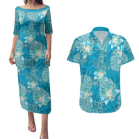 Hawaii Couples Matching Puletasi and Hawaiian Shirt Teal Polynesian Monstera Patterns DT05 Teal - Polynesian Pride