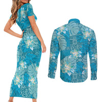 Hawaii Couples Matching Short Sleeve Bodycon Dress and Long Sleeve Button Shirt Teal Polynesian Monstera Patterns - Polynesian Pride