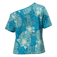 Hawaii Cross Shoulder Shirt Teal Polynesian Monstera Patterns DT05 - Polynesian Pride