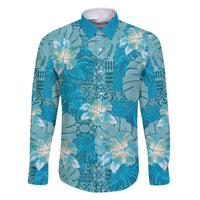Hawaii Family Matching Off The Shoulder Long Sleeve Dress and Hawaiian Shirt Teal Polynesian Monstera Patterns - Polynesian Pride
