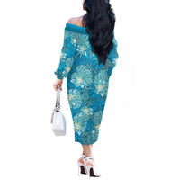 Hawaii Off The Shoulder Long Sleeve Dress Teal Polynesian Monstera Patterns - Polynesian Pride