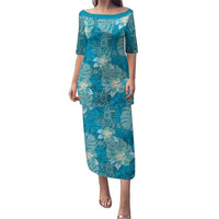 Hawaii Puletasi Teal Polynesian Monstera Patterns DT05 Long Dress Teal - Polynesian Pride