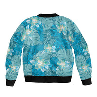 Hawaii Sleeve Zip Bomber Jacket Teal Polynesian Monstera Patterns - Polynesian Pride