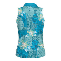 Hawaii Women Sleeveless Polo Shirt Teal Polynesian Monstera Patterns DT05 - Polynesian Pride