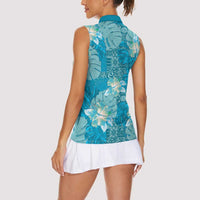 Hawaii Women Sleeveless Polo Shirt Teal Polynesian Monstera Patterns DT05 - Polynesian Pride